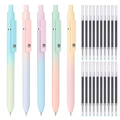 Gel Pen Set - 5 Retractable Pens + 20 Refills, 0.5mm Fine Tip, Quick-Dry Black Ink, Smooth Writing, 