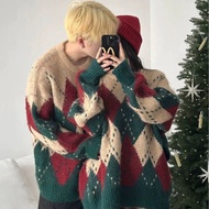 Retro Christmas Knit Sweater for Men, Cozy Oversized Argyle Pattern Sweater