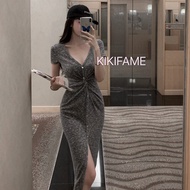 Little Sexy V-Neck Knotted Slit One-Piece Dress Short-Sleeved One-Piece Dress Casual Dress Slit Dres