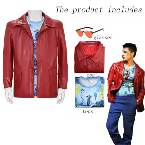 Movie Fight Club Tyler Jacket Cosplay Costume Durden Leather Coat with Shirt Glasses Halloween Carni