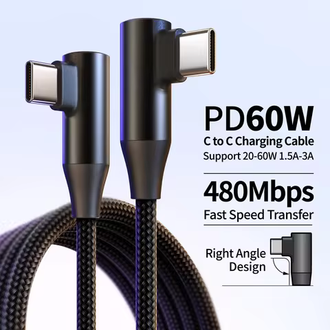 USB-C to Type-C 60W 3A Fast Charging Cable, 90° Angled Design, Nylon Braided. For Type-C phones/tabl