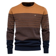 2024 Retro Top Long-Sleeved Trendy Men's Sweater Slim-Fit Round Neck Striped Men's European Size Kni