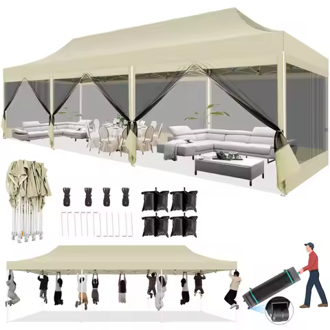 10x30FT Canopy Tent with 8 Sidewalls,Heavy Duty Pop up Canopy Party Tent with Mosquito Netting,Easy 