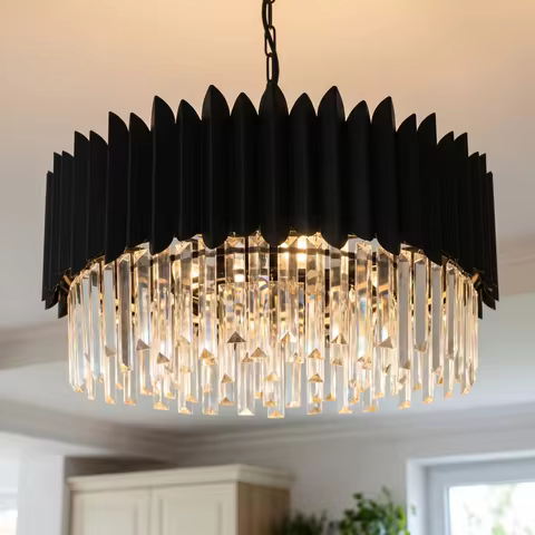 Modern Black Chandelier,Large Round K9 Crystal Adjustable Chain Pendant Light for Dining Room Living