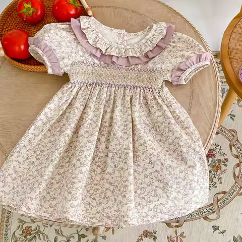 2024 New Summer Sisters Clothes 2-6Yrs Girls Princess Dress Short Sleeved Cotton Floral Printing Kid