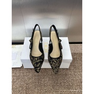 DIOR 2025 Spring Summer New Style Pointed Toe Embroidered Cat Heel Sandals High Heels