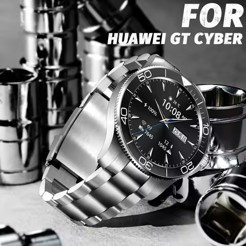 Luxury Stainless Steel Modification Kit for HUAWEI GT CYBER Case Metal Strap Rotatable Bezel for Hua