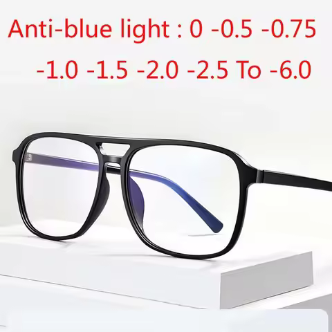 Square Finished Myopia Glasses Anti Blue Light Big Frame Double Beam Diopter 0 -0.5 -1.0 -2.0 To -6.