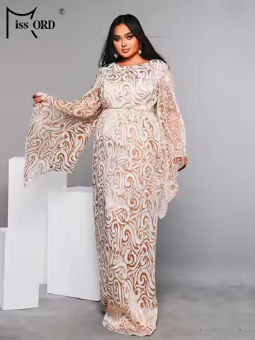 Missord Plus Size Rosegold Round Neck Flare Sleeve Geometric Sequin Evening Wedding Birthday Party P