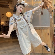 Women's summer two-piece set college style Korean loose short-sleeved shirt and strap shorts 2 piece