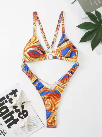 2025 New Printed Metal Ring Tummy Cut Out Thong Women Swimwear One Piece Swimsuit Female High Cut Ba