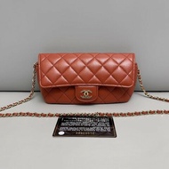 Chanel香奈兒 cf系列羊皮菱紋格橙色眼鏡包鏈條包肩背包