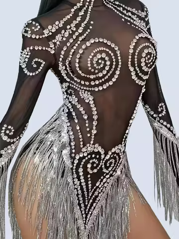 Sparkly Rhinestone Tassel Mini Dress Ladies Latin Dance Team Outfit Black See Through Mesh Dresses S