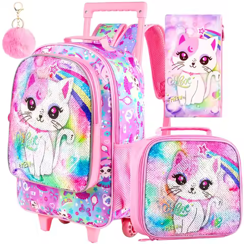 4PCS Kids Rolling Backpack for Girls, Cute Cat Sequin Wheeled Bookbag, Pink Roller School Bag with W