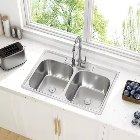 33 Inch Drop In Double Bowl Kitchen Sink 33x22 Topmount 18 Gauge Stainless Steel 50/50 Sinks with Ba
