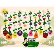 Hanging fruit and vegetable curtains decorate the main door wall and preschool corner paintings Curt