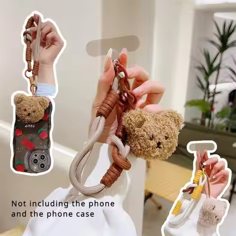Korean Cute Cartoon 3D Plush Fuzzy Bears Phone Clip Lanyard Strap Phone Bracelet Wristband Anti-Lost