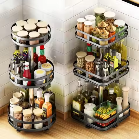 Carbon Steel 360°Rotation Spice Rack Non-Skid Storage Tray Organizer For Spices Seasonings Jars Cans