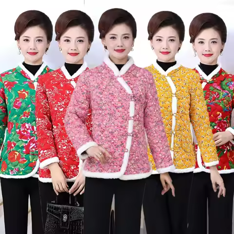 Winter Traditional Jacket China Woman Floral Print Short Coat | Chinese New Year Middle Aged Women‘s