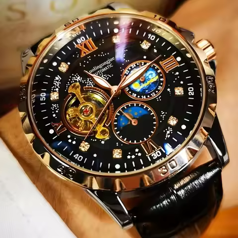 New Luxury Automatic Mechanical Watch for Men, Starry Sky Luminous Dial, Elegant Tourbillon Movement