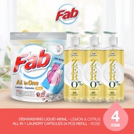 Fab Lemon Dishwashing Liquid 460ml x 3 Bottles + Fab All in One LOW SUDS Laundry Capsules 24pcs Refi