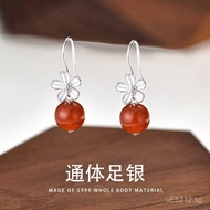 South Red S999Ear Hook Ear Piercing Red Design Festive Flower Trend2024New Year's Women's Earrings S