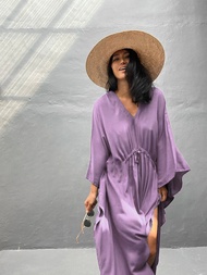 2023 Elegant Solid Kaftan Long Blue Tunic Loose Maxi Dress Women Summer Clothing Beach Wear Swim Sui