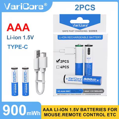 VariCore VC-AAA 900 -USB Cable Color Box 2PCS AAA 1.5V 900mWh Type-C Fast Charging Lithium-ion Batte