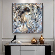 ภาพวาดผ้าใบศิลปะสมัยใหม่สาวสวยและม้าสีขาวผนังจิตรกรรมนามธรรมรูปภาพศิลปะบ้าน Zfx 0717