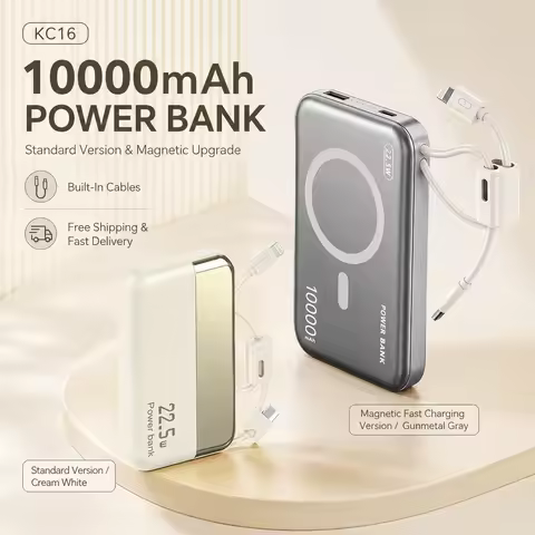10000mAh 22.5W Power Bank with Built-in USB-C & 8-Pin Cables, Compact Phone Charger, Magnetic Wirele