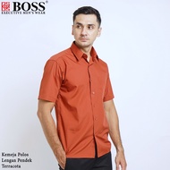 BOSS Kemeja Polos Pria Lengan Pendek Regular Fit Coklat Terracota