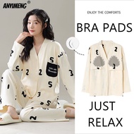 Women Pajamas Set Spring Bra Pads Kimono V-neck New Fashion Woman Sleepwear Casual Long Sleeves Pija