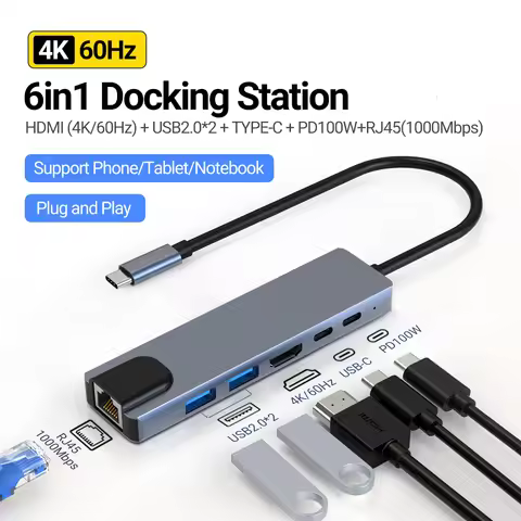 6 IN 1 Hub USB C to 4K HDMI Docking Station RJ45 100M PD100W Charging USB 3.0/2.0 Ports for MacBook