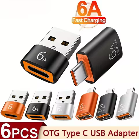 6Pcs 6A USB To Type C OTG Adapter 120W USB-C Male To Type-c Female Charger Converter for Macbook Sam