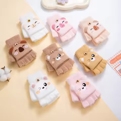 Convertible Flip Top Mittens for Kids Cute Cartoon Warm Winter Gloves Fingerless Full Finger Cover A