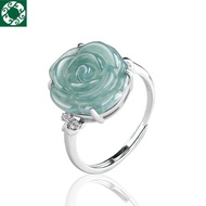 S925 Silver Inlaid Natural A Blue Water Jade Product Ice Rose Ring Fashion Female 3KI4
