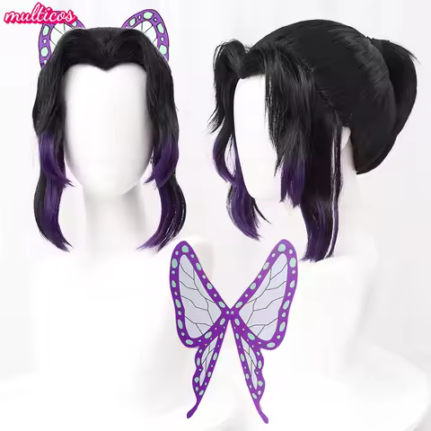 High Quality Kochou Shinobu Kocho Cosplay Wig 35cm Black Purple Pigtail Heat Resistant Synthetic Hai