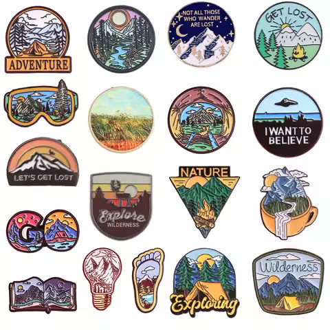 Natural theme enamel brooches featuring diverse outdoor scenes. Trendy accessories for adventure ent