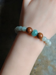 天然緬甸翡翠糯冰藍算盤珠 無拋光圓珠 金絲楠木珠手串手環
