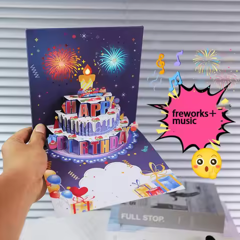1pcHappy Birthday Card Fireworks 3D Pop Up Cake Light and Music Happy Birthday Card Gift Greeting Ca