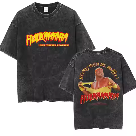 Funny Hulkamania RIP Hulk Hogan Vintage Washed T Shirt Wrestling Athlete Print Short Sleeve T-shirt 