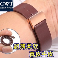 สายรัดนาฬิกาหนังวัวแบบบางพิเศษหัวเข็มขัดพับได้สีน้ำตาลดำพอดี Ck Armani Huawei สายรัด Casio