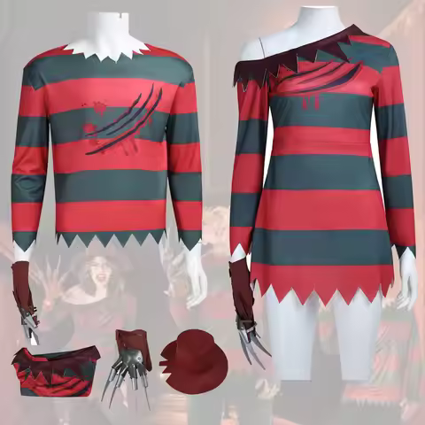 Movie Freddy Krueger Cosplay Horror Costume Freddy Red Striped Alien T-shirt Hat Gloves Outfit Adult