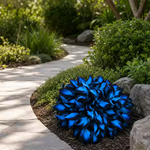 Blue Black Artificial Hosta Plant Stake, Faux Foliage Garden Accent Decor, Weather-Resistant Fake Pl