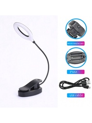 Nueva luz de lectura con clip de abrazadera, alimentada por 3 baterías AAA o cable USB, negra / blanca, luz para atril / soporte de música, protección ocular y ahorro de energía, lámpara de escritorio / mesa