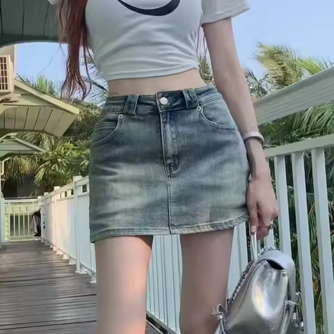Vintage Light Wash High Waist Denim Mini Skirt Women Classic Pocket Straight Jean Micro Skirt
