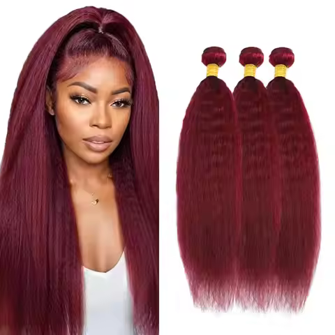 99J Burgundy Kinky Straight Human Hair Bundles 12A Brazilian Remy 100% Human Hair Extensions Wine Re