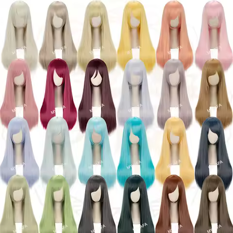 60cm Long Straight Anime Cosplay Wig Blond Golden Pink Brown Blue Green Orange Black Gray Colors Hea