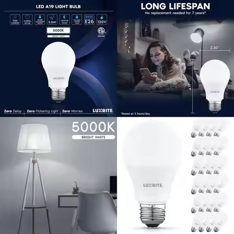 24-Pack 75W Equivalent 5000K Damp-Rated LED Light Bulbs, 9.5W, 1100 Lumens, Non-Dimmable, E26 Base