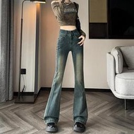喇叭 水泥灰雙排扣微喇牛仔女春秋春裝高修身懷舊磨白馬蹄喇叭拖地